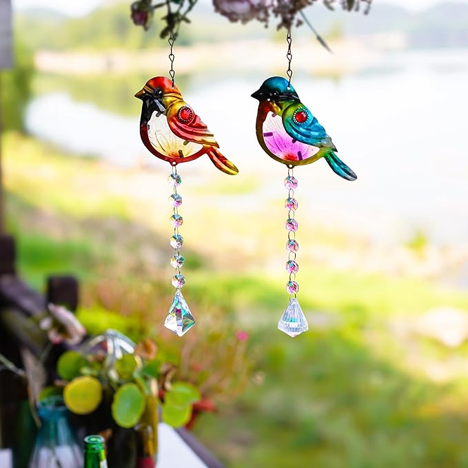 Set 2 Stained Glass Little Birds Suncatchers Rainbow Maker Crystal Prisms Hanging Suncatcher for Window Colorful Metal Birds Wall Art Fence Decorations