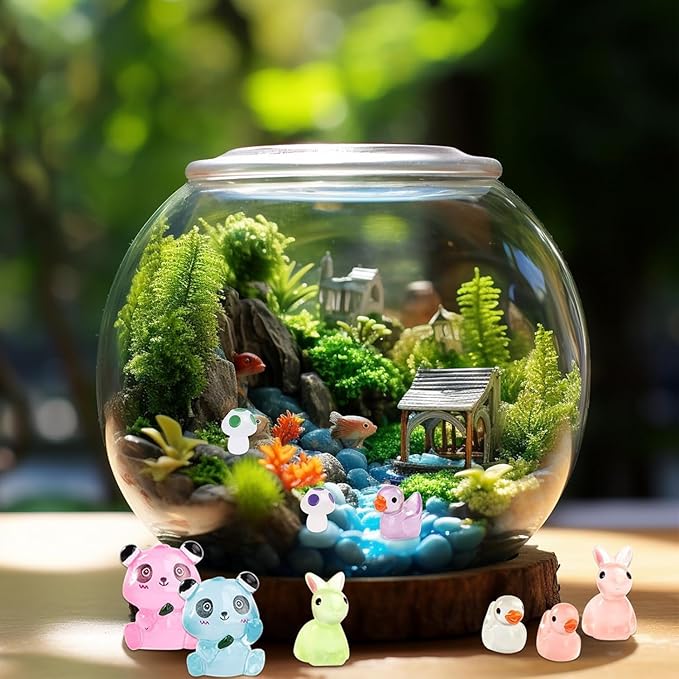 Luminous Mini Resin Animals - 130 Pcs Tiny Animals Mini Ducks Tortoise Rabbit Panda Mushroom Fruits Seashells Set Figurines Glow in The Dark Garden Miniatures Fairy Garden Accessories