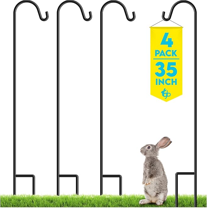 Gray Bunny 35" Shepherds Hooks for Outdoor 4 Pack, Thick Bird Feeder Pole, Hanging Plant Stand, Shepherds Hook for Bird Feeder, Non-Hollow, Non-Adjustable, Extra Long Base Prongs