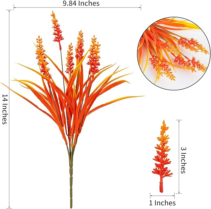 Artificial Fall Flowers for Outdoor Plants 12 Bundles Fake Lavender Plastic Faux Monkey Grass for Verandah Window Garden Office Patio Front Porch UV Resistant for Planter(Autumn Red)