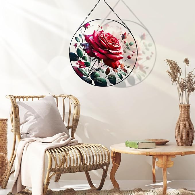 RIVEENY Red Rose Stained Glass Window Hanging,8" Valentines Day Rose Gifts for Wife Girlfriend,Birthday Gift for Women, for Mom Grandma Aunt Sister