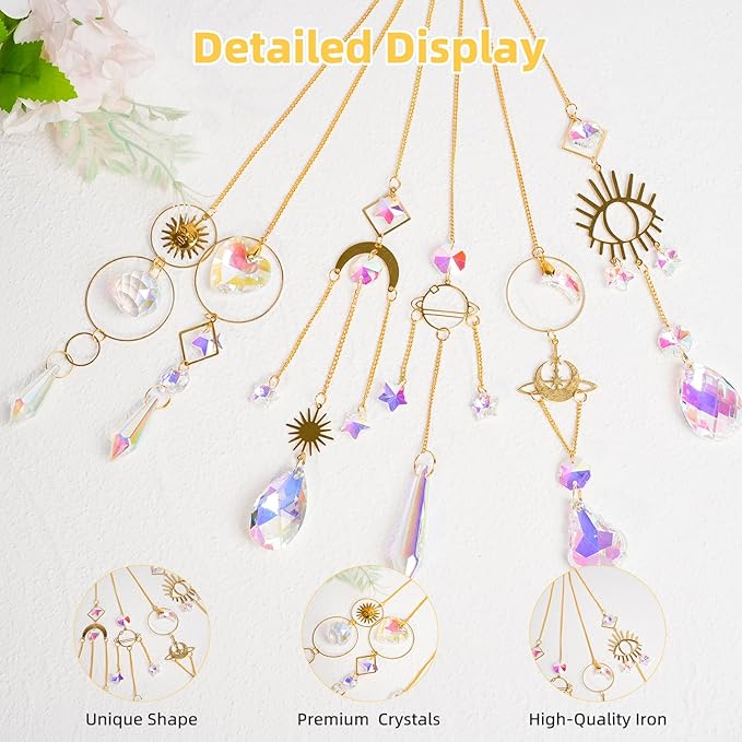 Sun Catchers 6Pieces Colorful Crystals Suncatcher with Chain Pendant Ornaments Hanging Crystals Prism Rainbow for Window Home Indoor Outdoor Car Mirror Garden Christmas Day Party