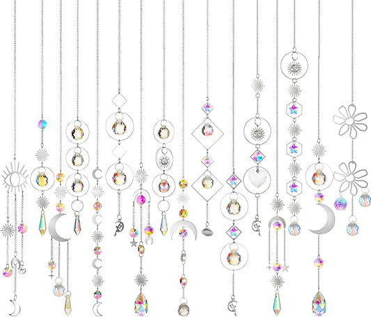 Ysleen 16 Pcs Crystals Suncatcher Colorful Hanging Sun Catcher for Window with Chain Pendant Ornament Prism Rainbow for Garden Wedding Valentine's Day Party Indoor Outdoor Decoration Gift(Silver)