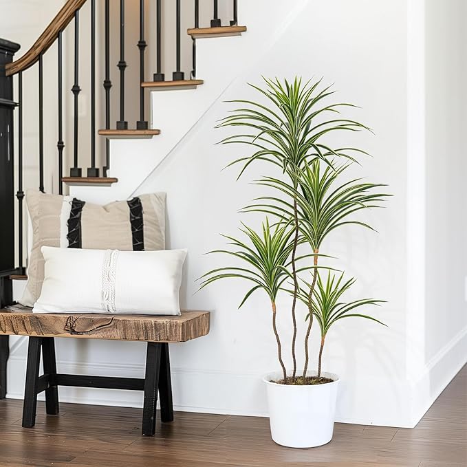 Artificial Dracaena Plants Indoor, 4 ft Faux Tropical Floor Plants Indoor, Tall Fake Yucca Silk Tree in Pot, Artificial Trees for Home Office Decor Indoor Outdoor Housewarming Gift