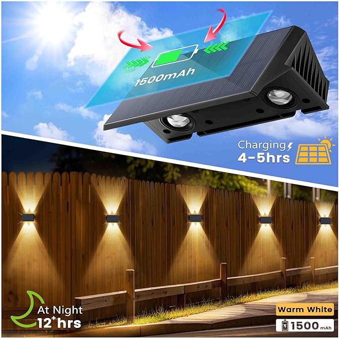 Fence Lights Solar Powered, 12-Pack Solar Fence Lights Up/Down Flexible Buttons, IP67 Waterproof for Outdoor, 120LM Bright, Auto Dusk to Dawn for Wall/Stairs/Yard/Railing/Deck/Pathway (Warm White)