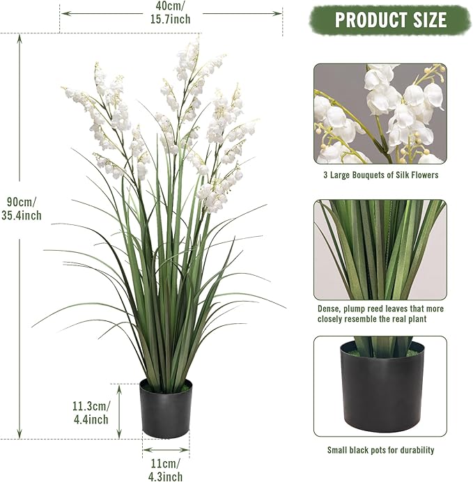 Artificial Tall Grass Plants with Pots 36“ 1 Pack Lily of The Valley Artificial Grass Home Interior Decorating and Outdoor Garden Decorations（White）