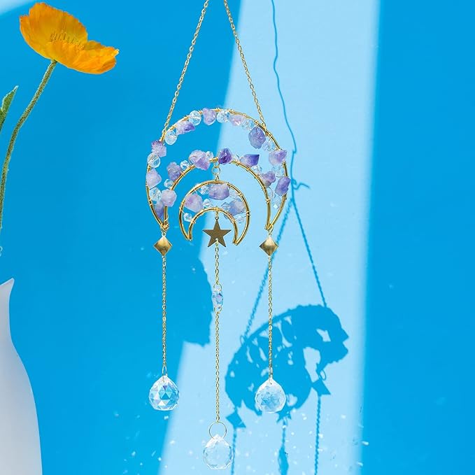 Amethyst Crystals Suncatcher - Hanging Moon Sun Catcher with Glass Prisms for Windows, Healing Amethyst Crystal Decor for Home, Gift for Christmas Birthday Valentine Mothers Day