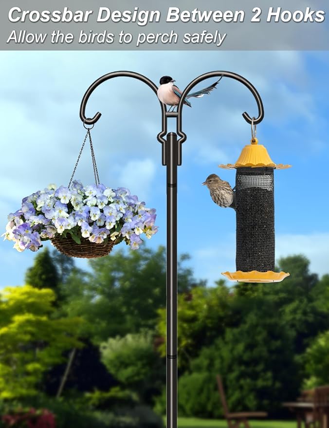 Outdoor Double Shepherds Hook with 5 Prong Base, 92 Inch Adjustable Heavy Duty Two Sided Bird Feeder Pole Stand for Hanging Plant Baskets, Solar Light Lanterns, Hummingbird Feeder, 1 Pack