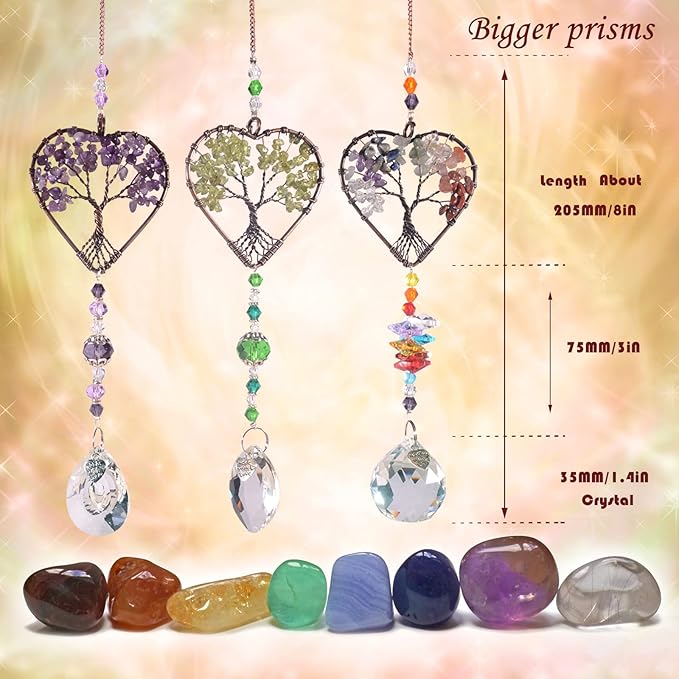Crystal Sun Catcher Indoor Windows Hanging Tree of Life SunCatchers with Prisms, Chakra Decor for Home, Healing, Pack of 3