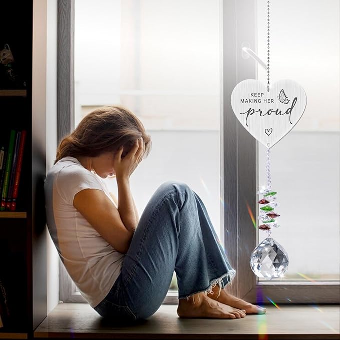 Keep Making Her Proud,Crystal Suncatcher Bereavement Keepsake,Memorial Gift for Loss of Mom,Grandma,Sister,Hanging Crystals Ornament for Window Rainbow Maker Prisms Home Decor Gift