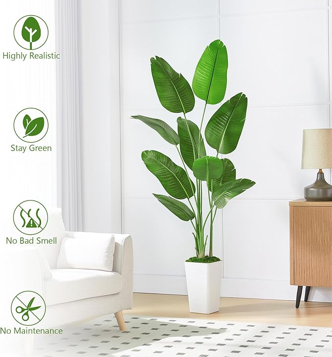 Lifelike Bird of Paradise Silk Artificial Plant Faux Banana Leaf Tree for Home Decor - Perfect Indoor Floor Plant with 9 Trunks (1, Black Planter, 6 FT)