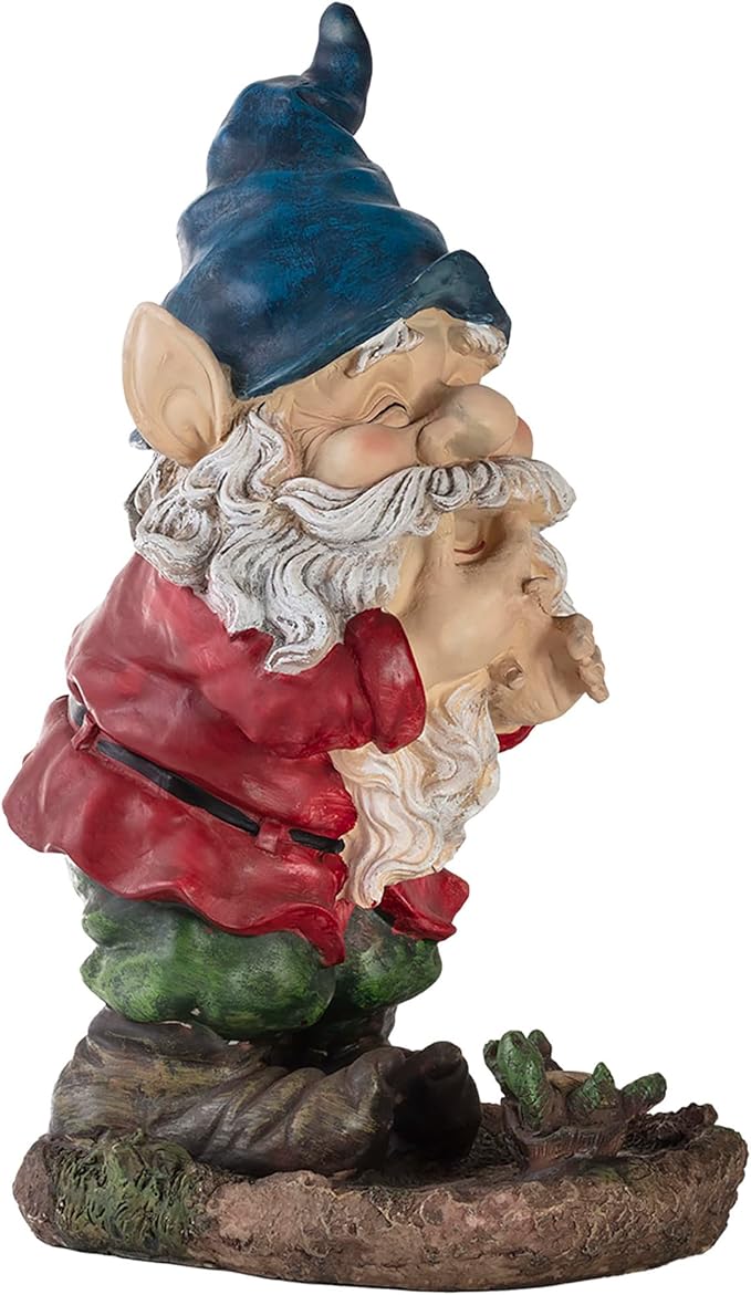 Alpine Corporation 15" Tall Outdoor Garden Gnome Smiling Yard Statue Decoration, Multicolor