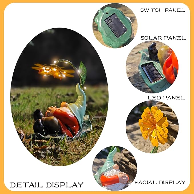 Solar Powered Gnome Garden Statue - Resin Gnome on Green Leaf with Large Yellow Stamen Sunshade, LED Lights Decorations, for Women Men, Outdoor Decor Ornaments for Outside