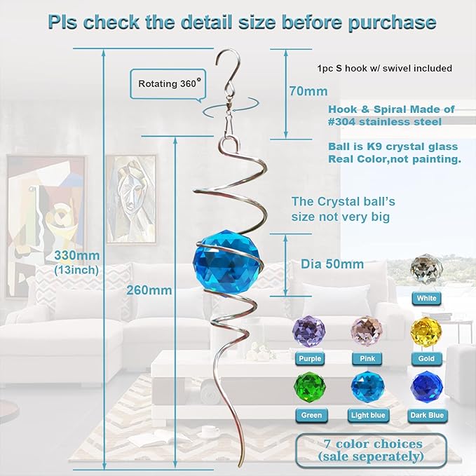Fonmy Gazing Ball Spiral Tail -Decorative Wind Spinner Sun Catcher Rainbow Maker 11 inch Tail and 2 inch Peacock Blue Crystal Orb. Indoor Outdoor Garden Decoration -13 inch Height