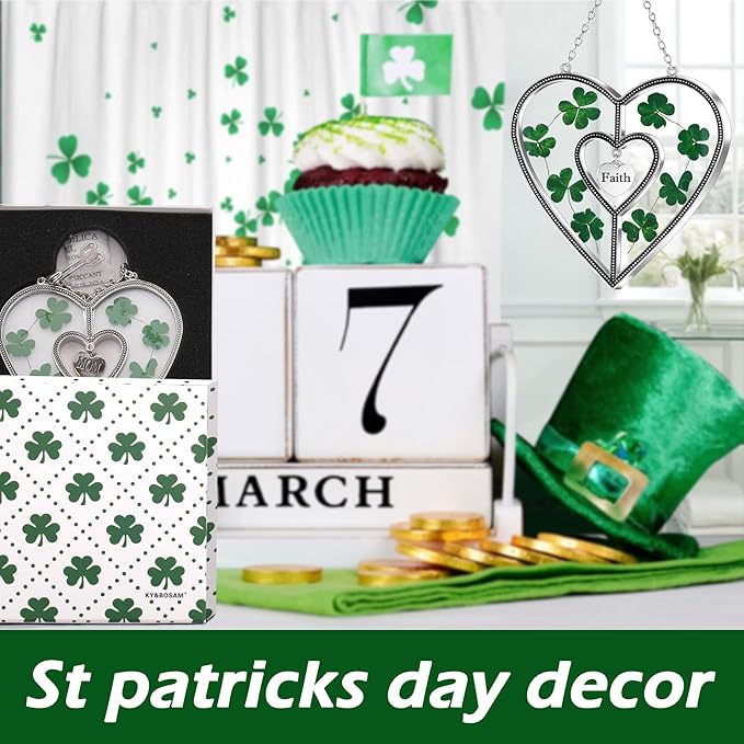 KY&BOSAM Shamrock Heart Suncatcher Faith Suncatcher St Patrick's Day Decoration Grandma Gifts for Windows Hangings Wind Chime with Pressed Flower Gifts for Mom Mother`s Day Valentine's