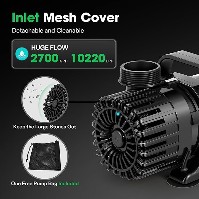 VIVOSUN 2700 GPH Submersible Water Pump with Barrier Bag, 120W Pond Pump with 15FT. Lift Height, Ultra Quiet Aquarium Pump for Pond, Waterfall, Fish Tank, Statuary, Hydroponic