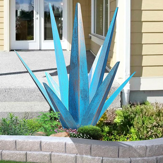 Large Tequila Rustic Sculpture, Rustic Metal Agave Plants for Outdoor Patio Yard, Home Decor Hand Painted Metal Agave Garden Yard Statue, Outdoor Lawn Ornaments Yard Stakes (Sky Blue - M)