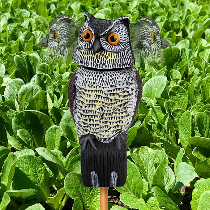 Owl Decoys to Scare Birds & Squirrels Away, 360 Rotating Head, Plastic Garden Owls for Indoor/Outdoor Use