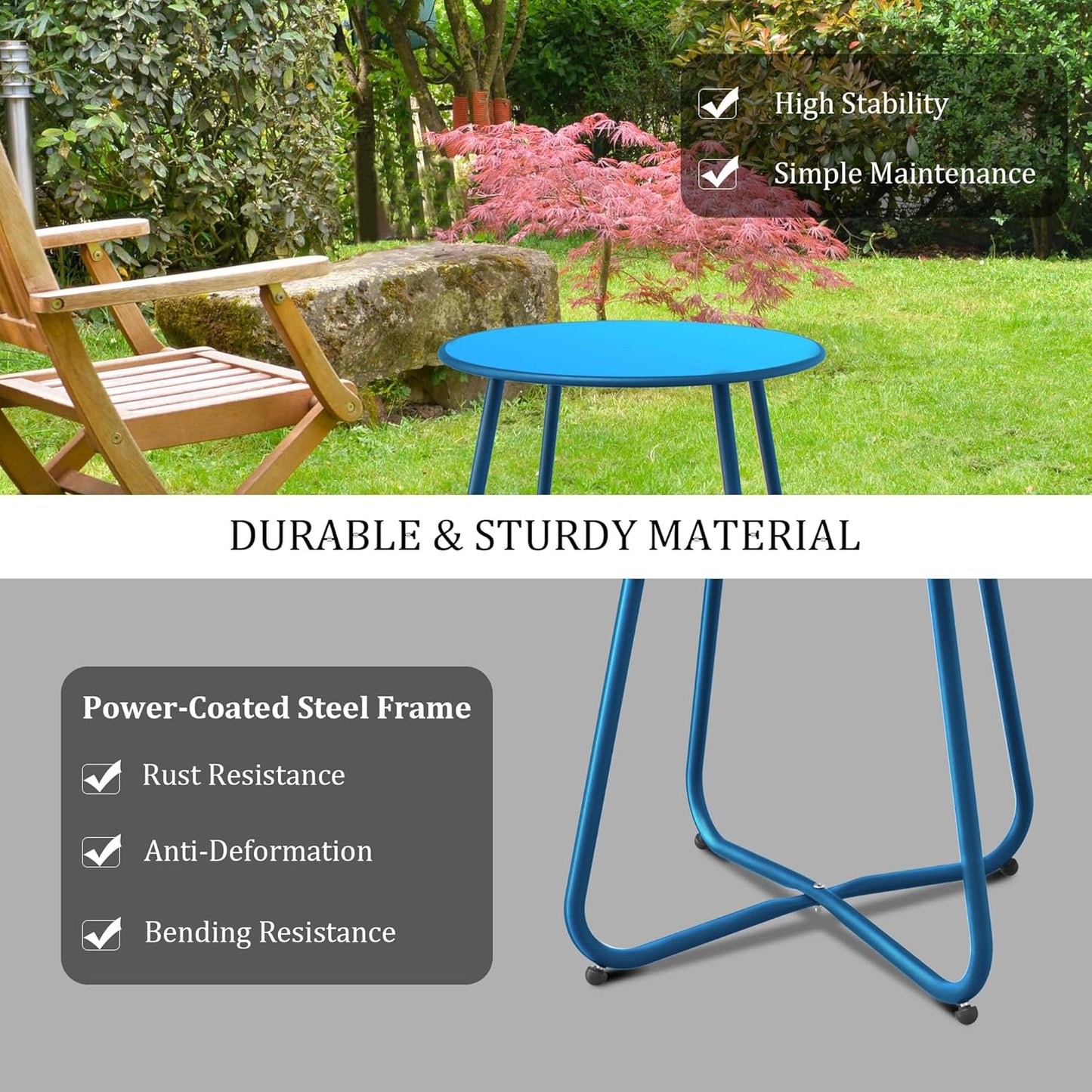 Patio Side Table, Round Metal Steel Weather Resistant Portable Patio Table， Outdoor and Indoor Patio Small Table for Garden Balcony Yard, Peacock Blue