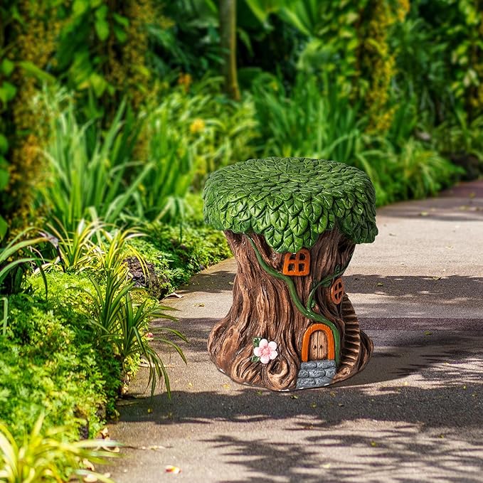 13''H Fairy House Statue Outdoor Statues Garden Resin Stool Over-Sized Sculpture Forest Pedestal Spring Decor for Home Courtyard Lawn Patio Summer Ornament Indoor Stool