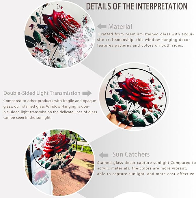 RIVEENY Red Rose Stained Glass Window Hanging,8" Valentines Day Rose Gifts for Wife Girlfriend,Birthday Gift for Women, for Mom Grandma Aunt Sister