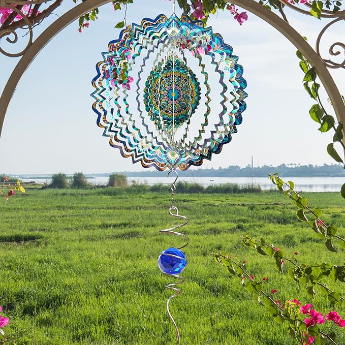 Wind Spinners Peacock Mandala Wind Spinner 3D Hanging Wind Sculpture Creates Mesmerizing Holographic Effect, Outdoor Garden Decor Kinetic Yard Art Decoration, Fun Mandala Gifts for Women Men