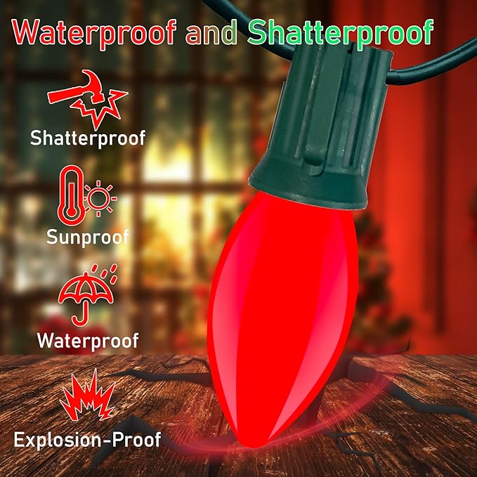 Red Green White LED Christmas Lights, 25FT Waterproof C9 Multicolor Outdoor With 26 Shatterproof Bulbs, Commercial Hanging for Roof Patio Balcony Party Xmas Decor