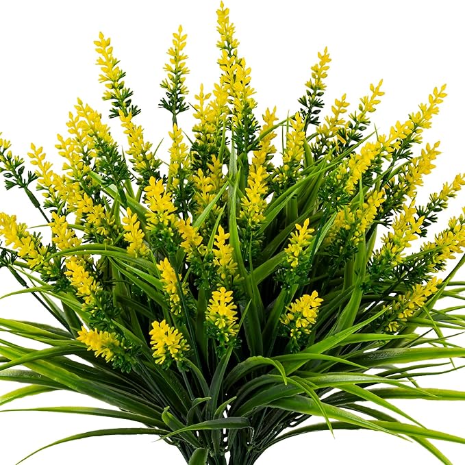 Artificial Flowers for Outdoor Plants 24 Bundles Fake Lavender Plastic Faux Monkey Grass for Verandah Window Garden Office Patio Front Porch UV Resistant for Planter(Yellow)