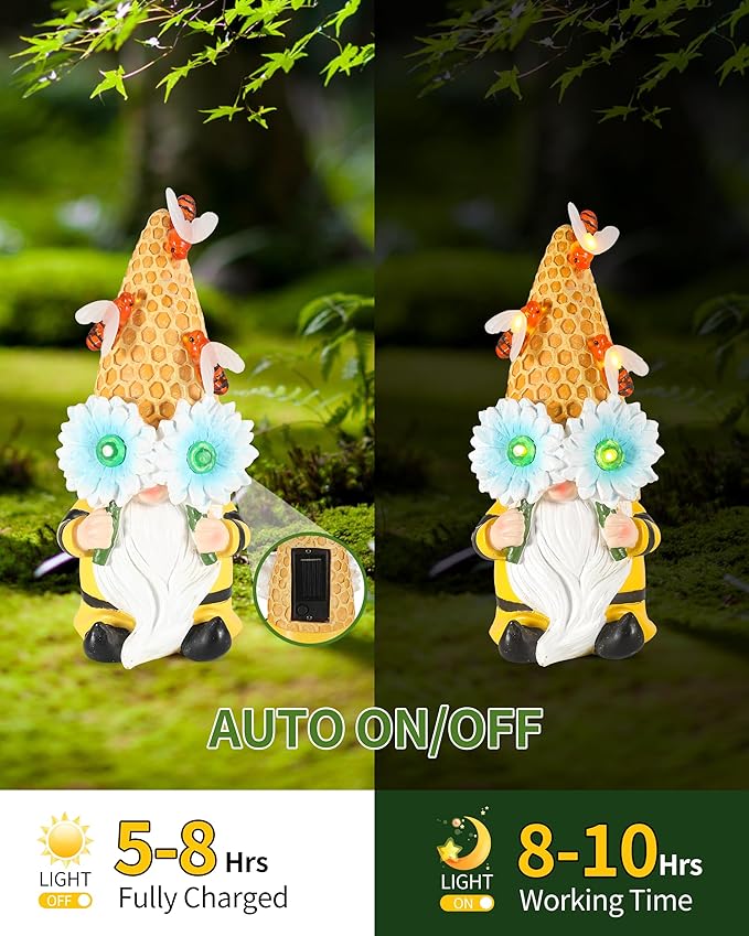 iStatue Garden Gnomes Outdoor Clearance with Solar Bee Lights - 9.5'' Resin Figurine Honeycomb Sunflower Spring Summer Decoration for Home Garden Decor Lawn Ornaments (Mr Bee Gnome)