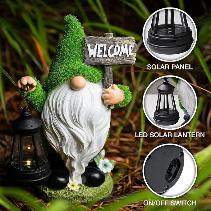 Garden Gnome Statue with Lantern - 11'' Spring Garden Gnomes Outdoor Christmas Decorations w/ Solar Light - Yard Gnomes Decorations - Vintage Solar Gnome, Housewarming Gifts for Women & Men