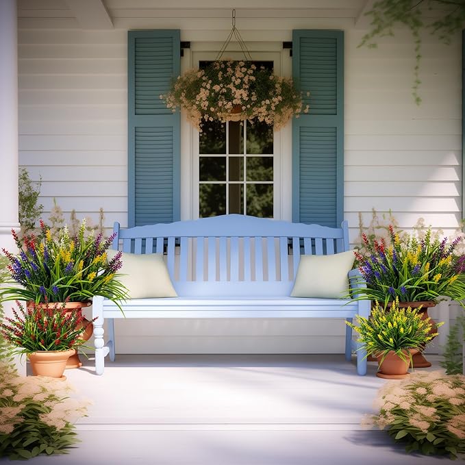 Artificial Flowers for Outdoor Plants 24 Bundles Fake Lavender Plastic Faux Monkey Grass for Verandah Window Garden Office Patio Front Porch UV Resistant for Planter(5 Colors)