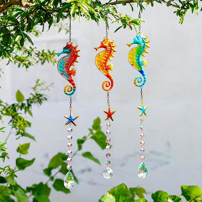 3PCS Metal Seahorse & Starfish Hanging Sun Catchers with Crystals, Colorful Crystal Prisms Stained Glass Suncatcher, Rainbow Maker Pendant Indoor Outdoor Patio Fence Decor