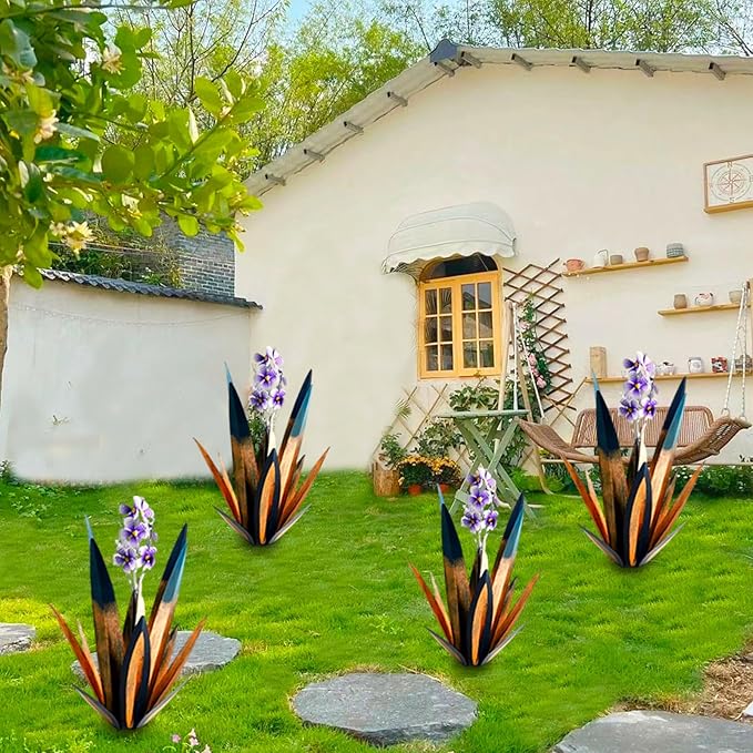 Jesokiibo Tequila Rustic Sculpture DIY Metal Agave Plant Home Decor Rustic Hand Painted Metal Agave Garden Ornaments Outdoor Decor Figurines Home Yard Decorations Stakes Lawn Ornaments (Blue 2PCS)