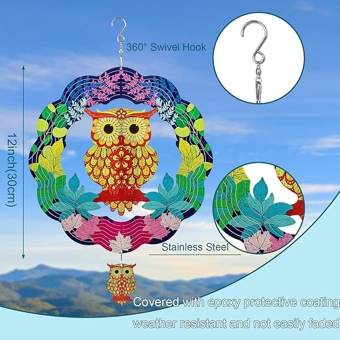TUOKING Owl Wind Spinners Outdoor Metal 3D Hanging Art Wind Spinner 12 Inch Stainless Steel for Yard and Garden Decoration Worth Gift for Women