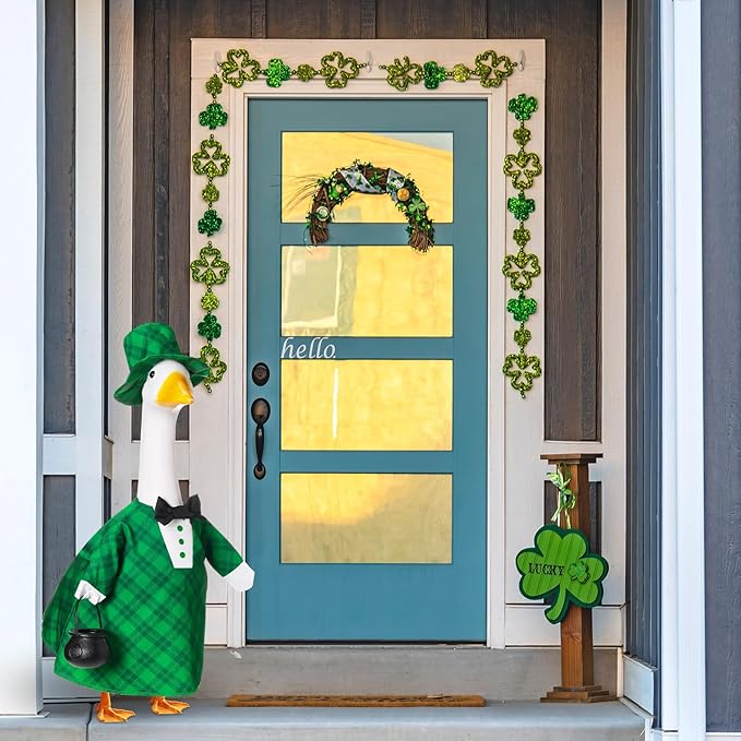 St Patrick's Green Plaid Goose Outfit Lawn Porch Goose Clothes 23 Inch St Patricks Day Outdoor Patio Yard Lawn Art Decoration