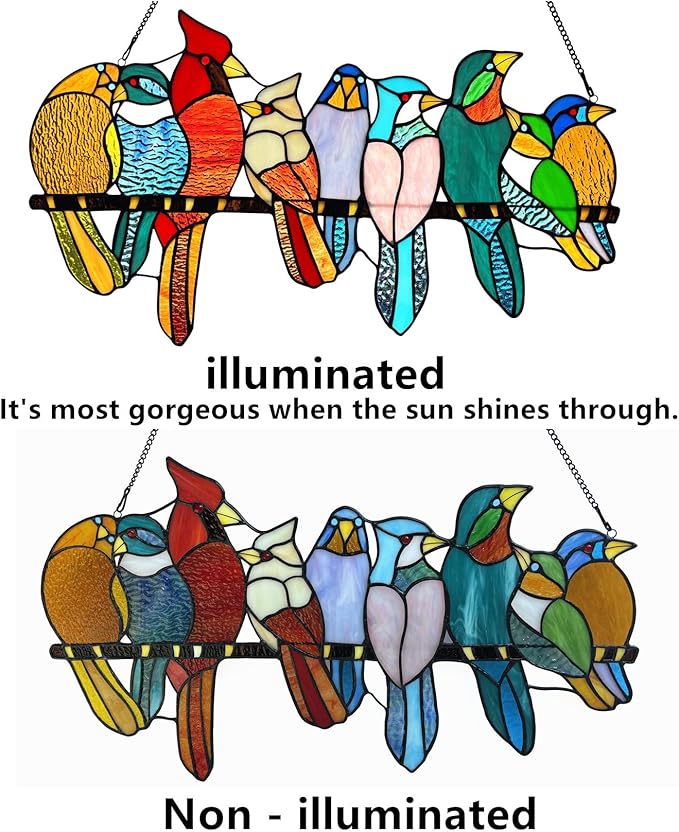 Stained Glass Birds Window Hangings, 9 Multicolor Stained Glass Birds on Branch Suncatcher, Handmade Tiffany Style Glass Birds Lovers Gifts Decor for Mother, Women