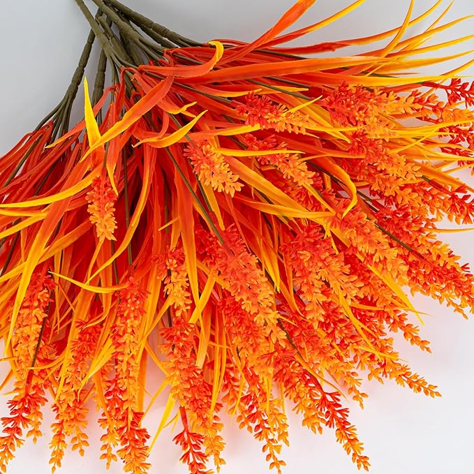 Artificial Fall Flowers for Outdoor Plants 12 Bundles Fake Lavender Plastic Faux Monkey Grass for Verandah Window Garden Office Patio Front Porch UV Resistant for Planter(Autumn Red)