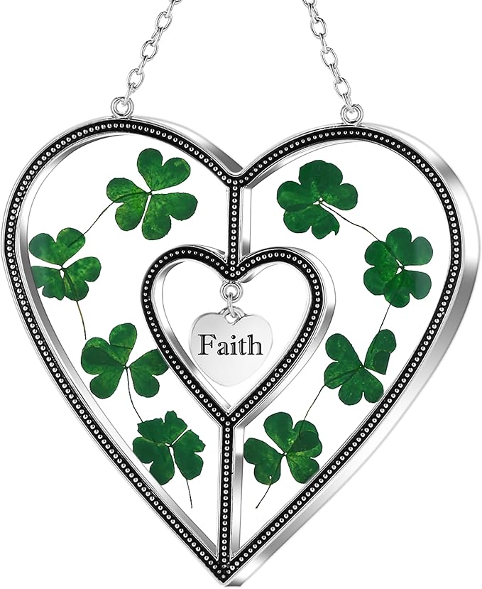 KY&BOSAM Shamrock Heart Suncatcher Faith Suncatcher St Patrick's Day Decoration Grandma Gifts for Windows Hangings Wind Chime with Pressed Flower Gifts for Mom Mother`s Day Valentine's