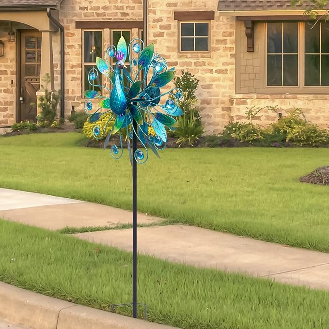 Outdoor Wind Spinner 58" Metal Peacock Wind Spinner Double Peacock Wind Sculpture for Garden Yard Patio Decoration