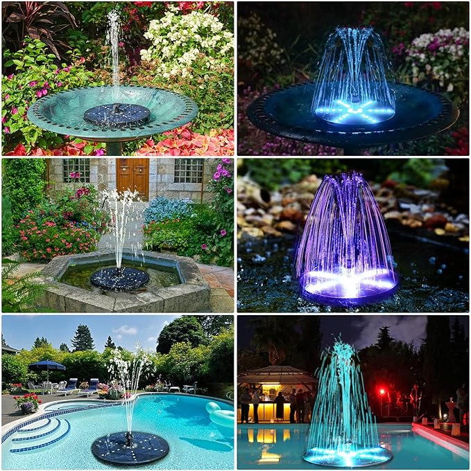 SZMP Solar Fountain Upgraded, 4W Bird Bath Fountain Pump with 7 Colors Lights, 7 Nozzle & 4 Fixer, 4000 Battery, Solar Water Fountain for Garden, Pool, Pond, Fish Tank