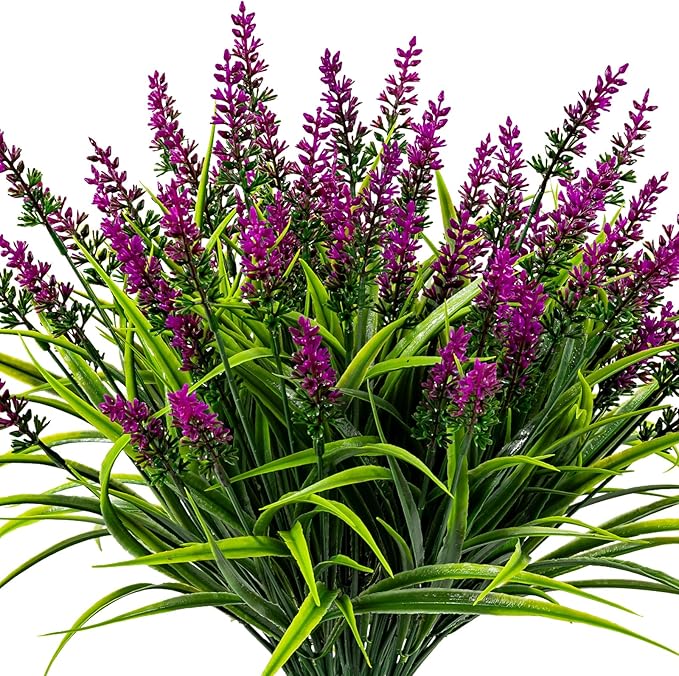 Artificial Flowers for Outdoor Plants 24 Bundles Fake Lavender Plastic Faux Monkey Grass for Verandah Window Garden Office Patio Front Porch UV Resistant for Planter(Fuchsia)