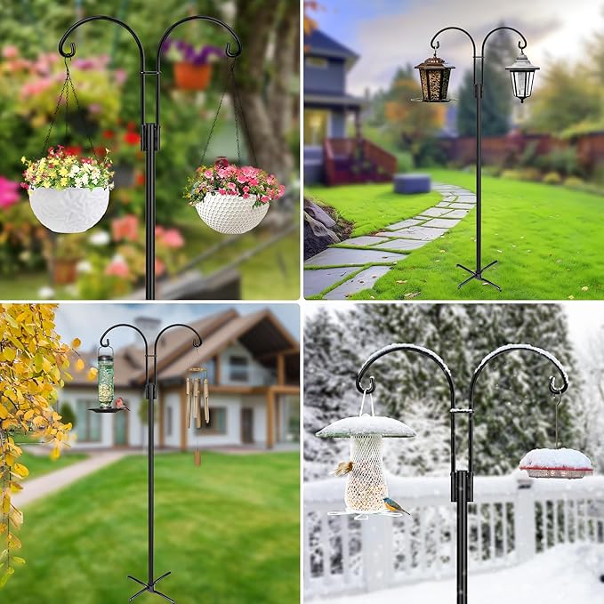 XDW-GIFTS Double Shepherds Hooks for Outdoor, 2-Pack Heavy Duty Garden Pole for Hanging Bird Feeder, Plant Baskets, Solar Light Lanterns, Garden Plant Hanger Stands with 5 Base Prongs