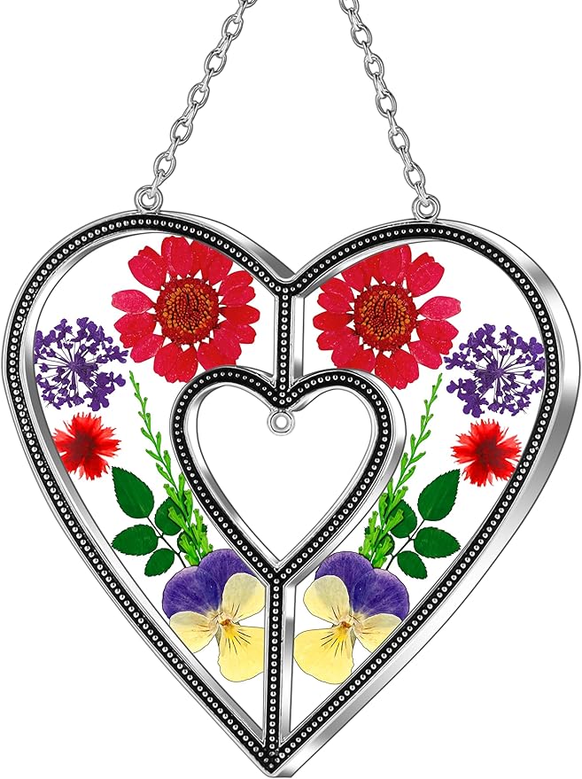 KY&BOSAM Heart Suncatchers DIY Stained Glass Hangings for Windows Wind Chimes Home Gardner Decor with Pressed Real Flowers Heart No Charm Birthday Gifts for Women Mother`s Day Christmas Ornamets