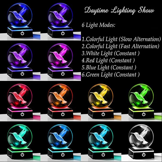 Qianwei 3D Crystal Ball Hummingbird Gift - 3.14'' 80mm Laser Decor Glass Animal Figurine Statue for Room Decorations With Night Light