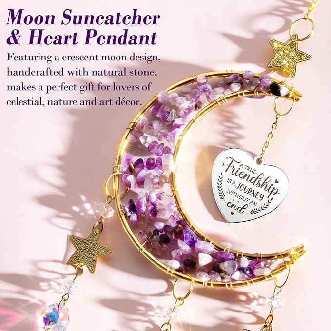 Best Friend Birthday Gifts for Women Unique, for Friends Female, Long Distance Friendship Gifts for Women BFF Bestie Sister Gifts, Moon Crystal Suncatcher for Window Hanging Decor
