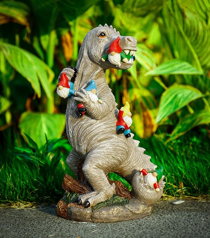 Garden Statue Outdoor Decoration, Weatherproof 14” Dinosaur Garden Gnome, Indoor Outdoor Décor Garden Art for Patio Lawn Yard, Gardening Gift for Homeowners