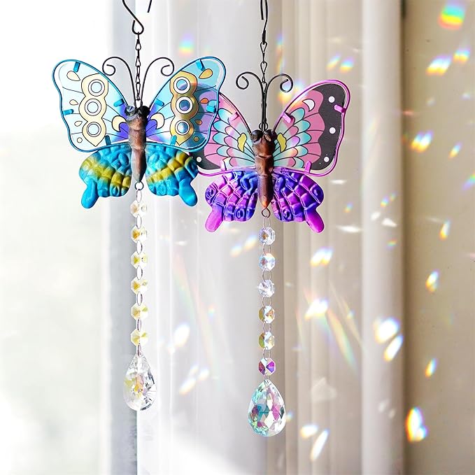 Set 2 Metal Butterfly Suncatchers for Windows - 14" Outdoor Fence Wall Art Decor, Rainbow Prisms Sun Catchers with Crystals Hanging for Home Garden Ornament
