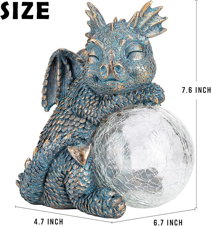 WONDER GARDEN Dragon Statue - Sleeping Dragon Figurines Solar Light Resin Garden Statues with Crackled Glass Globe Outdoor Waterproof Lawn Ornament Decor