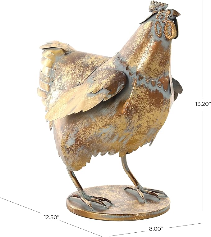 Deco 79 Metal Chicken Decorative Garden Sculpture Patina Garden Statue, Outdoor Sculpture 8" x 13" x 13", Bronze