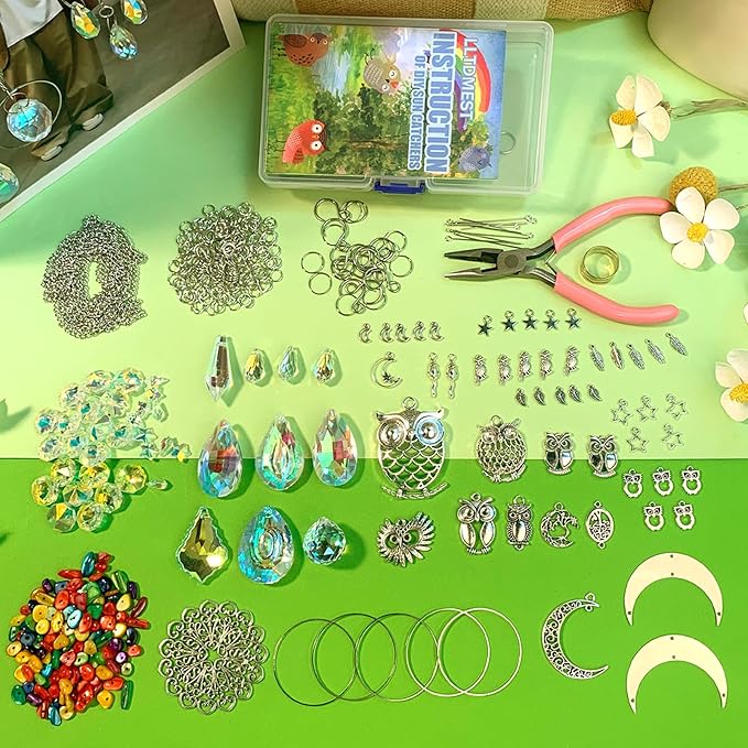 WASTROYAL 420 pcs DIY Sun Catchers Making Supplies Kit Art and Crafts for Adults Prism Hanging Decorative Suncatcher with Crystals Rainbow Maker for Indoor Windows Office Home Halloween Decor (Owl)